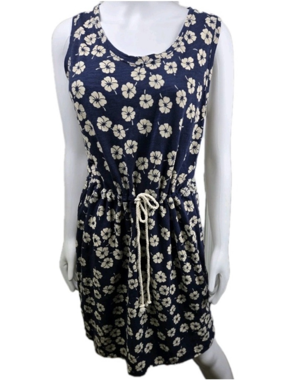 Lands' End Navy Blue & White Floral Cotton Blend Dress Small